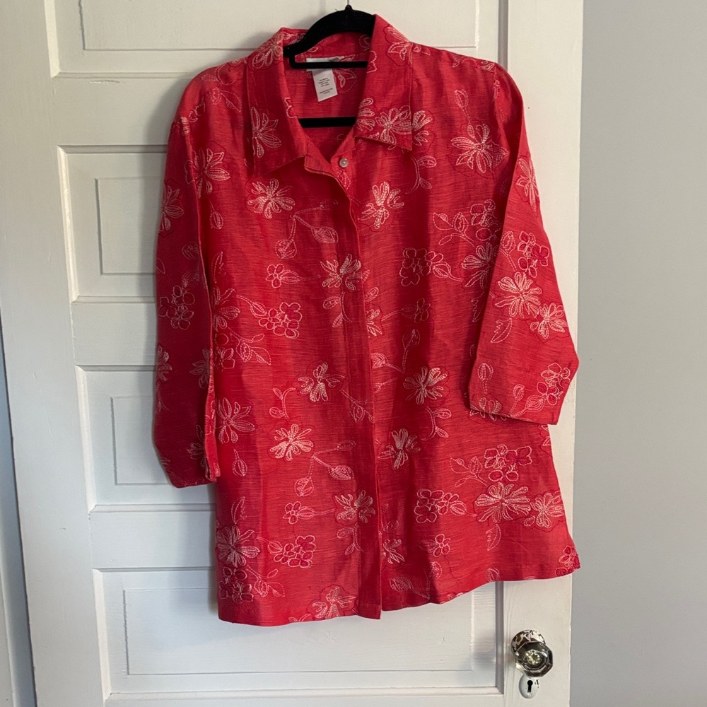 Coldwater Creek Floral Silk/Linen Blend Coral Button-Up Shirt